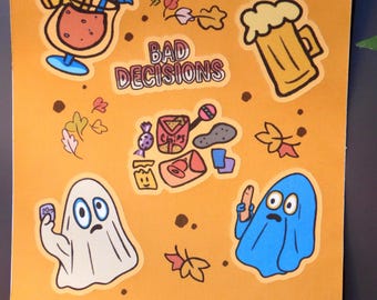 Puede incluir: Una hoja de pegatinas rectangular con fondo naranja que presenta ilustraciones de dibujos animados de un cóctel, una jarra de cerveza, una bolsa de patatas fritas y dos fantasmas. El texto dice "THE TIPSY'D LIFE", "BAD DECISIONS", "THETIPSYDLIFE.COM" y "SS-FALL-25" con hojas de otoño.