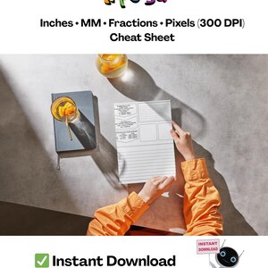 Puede incluir: Una hoja de referencia imprimible blanca titulada The Tipsy'd Life Inches MM Fractions Pixels 300 DPI Cheat Sheet. El documento presenta tablas de conversi&oacute;n, secciones con l&iacute;neas y cajas vac&iacute;as para notas. Se presenta junto a un cuaderno gris oscuro y un vaso con l&iacute;quido naranja.