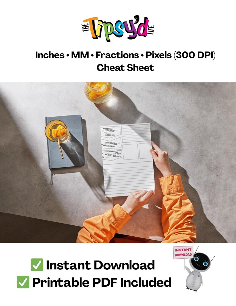 Puede incluir: Una hoja de referencia imprimible blanca titulada The Tipsy'd Life Inches MM Fractions Pixels 300 DPI Cheat Sheet. El documento presenta tablas de conversi&oacute;n, secciones con l&iacute;neas y cajas vac&iacute;as para notas. Se presenta junto a un cuaderno gris oscuro y un vaso con l&iacute;quido naranja.