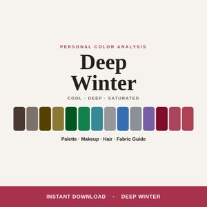 Puede incluir: Una guía de análisis de color personal para Deep Winter con el texto "Deep Winter", "Cool, Deep, Saturated" y "Palette, Makeup, Hair, Fabric Guide". Debajo del texto hay una fila de catorce muestras de color rectangulares en varios tonos.
