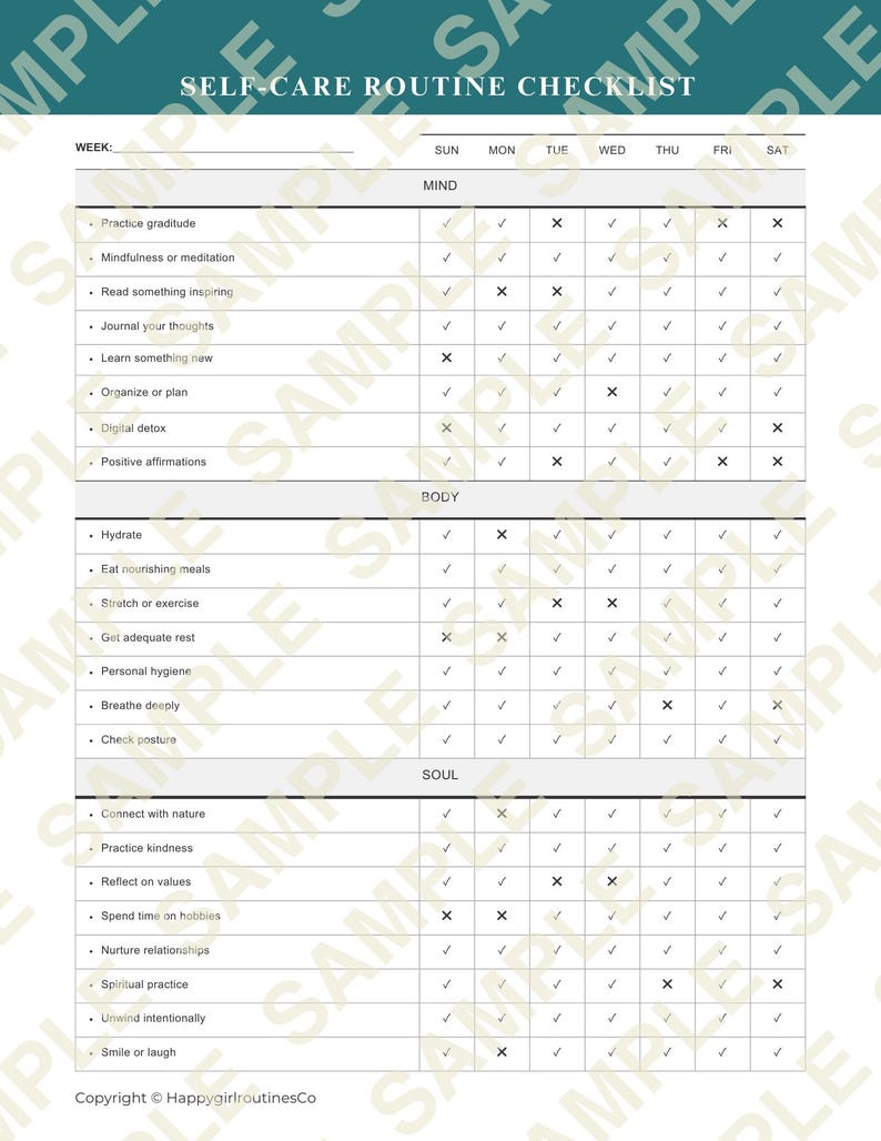 Self-care Routine Checklist Printable for Adults | Daily Wellness ...