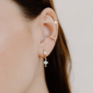 Opal Dangle Huggie Hoop Earrings, Opal Hoop Earrings, Opal Jewelry, Opal Galaxy Huggies