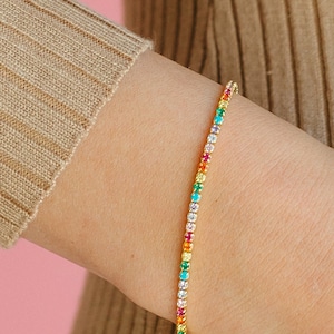 Rainbow Tennis Bracelet, Rainbow Pave Bracelet in Sterling Silver or Gold