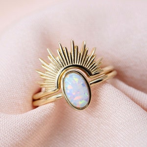 Solid Gold Opal Sunburst Ring Set, Solid Gold Opal Ring, Gold Ring Set