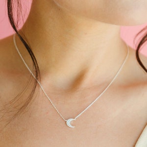 Silver Moon Necklace, Tiny Sterling Silver Moon Necklace with Pave