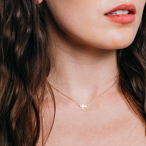 Mini Sideways Cross Necklace 24kt Gold 