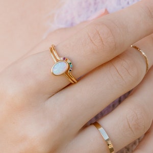 Opal and Rainbow Arch Ring Set, Gold or Silver Opal Solitaire Ring Set, Opal and Rainbow Crystal Ring Set image 1