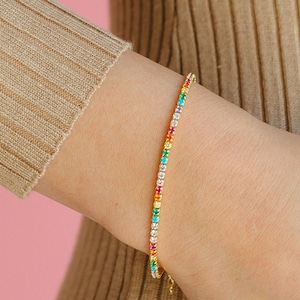 Rainbow Tennis Bracelet, Rainbow Pave Bracelet in Sterling Silver or Gold, Colorful Tennis Bracelet