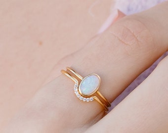Opal and Arch Ring Set, Gold or Silver Opal Solitaire Ring Set, Opal and White Crystal Ring Set