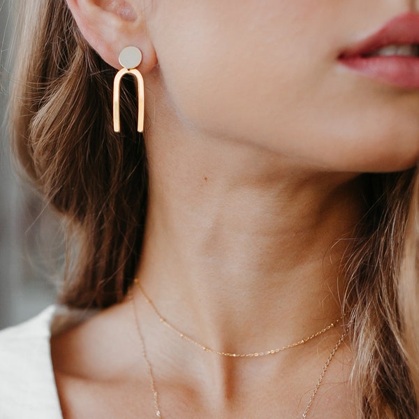 Gold Arch Dangle Earrings: Modern 14kt Plated Earrings