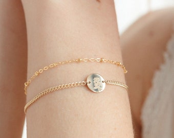 Personalized Birthflower Bracelet, 14kt Gold Filled, Adjustable, Birthflower Disc Bracelet