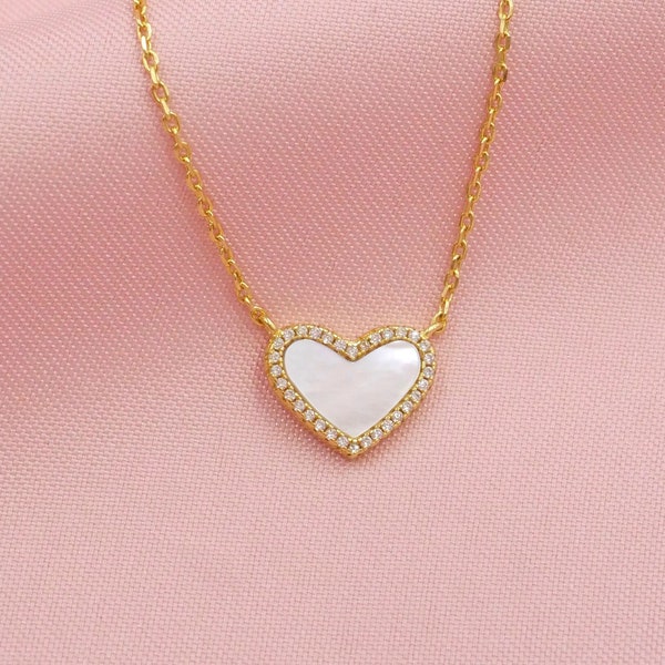Mini Mother of Pearl Heart Necklace with White Crystal Pave, Mother of Pearl Heart Necklace, Silver or Gold