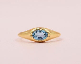 Blue Topaz Gemstone Signet Ring, Gold Signet Ring