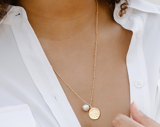 Pearl Coin Necklace | Gold Coin Pendant Necklace | Pearl and Coin Necklace