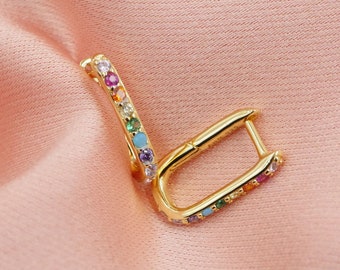 Rainbow Huggie Hoops Gold, Rectangle Oblong Elongated Hoop Earrings