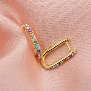 Rainbow Huggie Hoops Gold, Rectangle Oblong Elongated Hoop Earrings