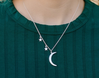 Sterling Silver Moon and Star Necklace, Starry Night Necklace, Silver Moon Necklace