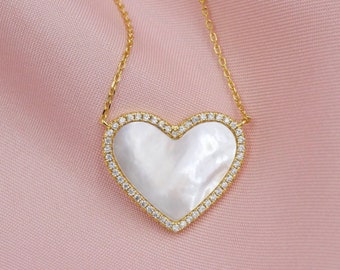 Mother of Pearl Heart Necklace, Heart Necklace with Pave, Mother of Pearl Heart Pendant Necklace Gold or Silver