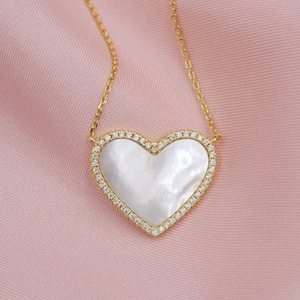 Mother of Pearl Heart Necklace, Heart Necklace With Pave