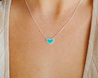 Mini Turquoise Heart Necklace with White Crystal Pave, Turquoise Heart Necklace, Turquoise Pendant Necklace Silver or Gold