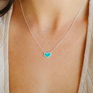 Mini Türkis Herz Halskette mit weißer Kristall Pave, Türkis Herz Halskette, Türkis Anhänger Halskette Silber oder Gold