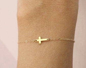 Sideways Cross Bracelet Gold, Mini Gold Cross Bracelet, Dainty Cross Bracelet