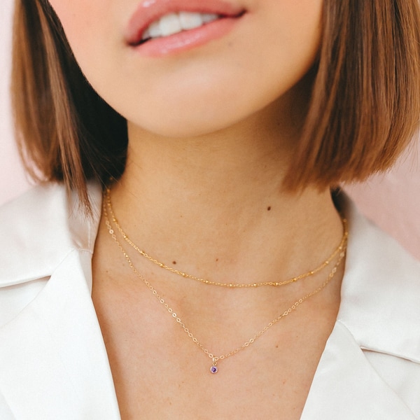 Birthstone Necklace, 14kt Gold Filled Birthstone Necklace, Tiny Gold Birthstone Necklace