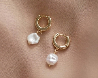 Pearl Huggie Earrings | Gold Pearl Huggie Earrings | Pearl Earrings | Gold Huggies