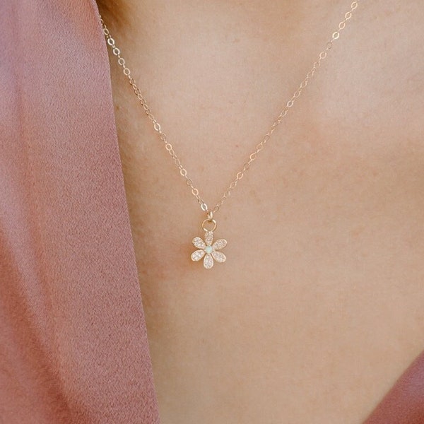 Daisy Necklace, Opal Flower Charm Necklace, Dainty Opal Necklace