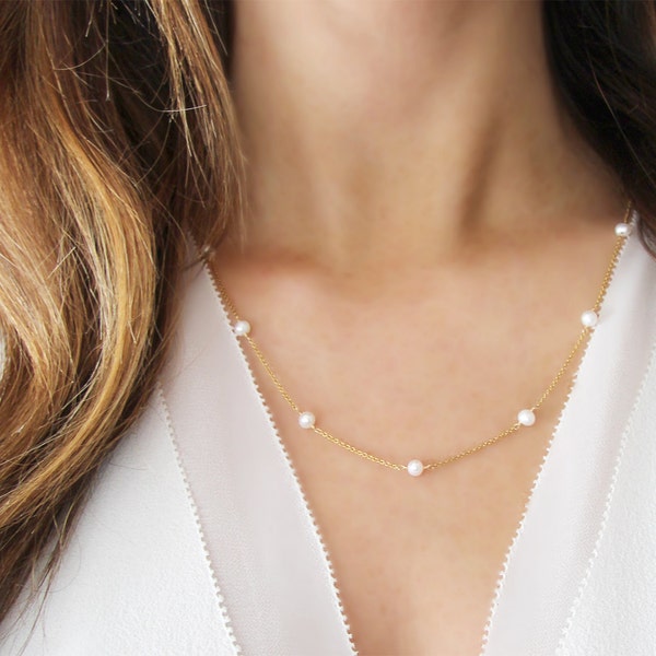 Collier de perles moderne | Rempli d'or 14 ct OU argent sterling | Collier chaîne de perles délicates