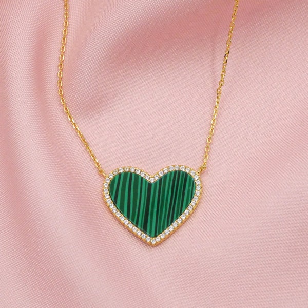 Malachite Heart Necklace with Pave, Malachite Pendant Necklace, Pave Heart Necklace