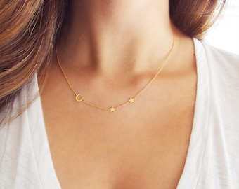 Moon and Star Necklace | Delicate Gold Necklace | Crescent Moon Necklace