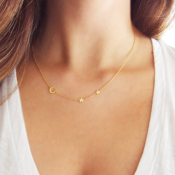 Collar de luna y estrella / Collar de oro delicado / Collar de luna creciente