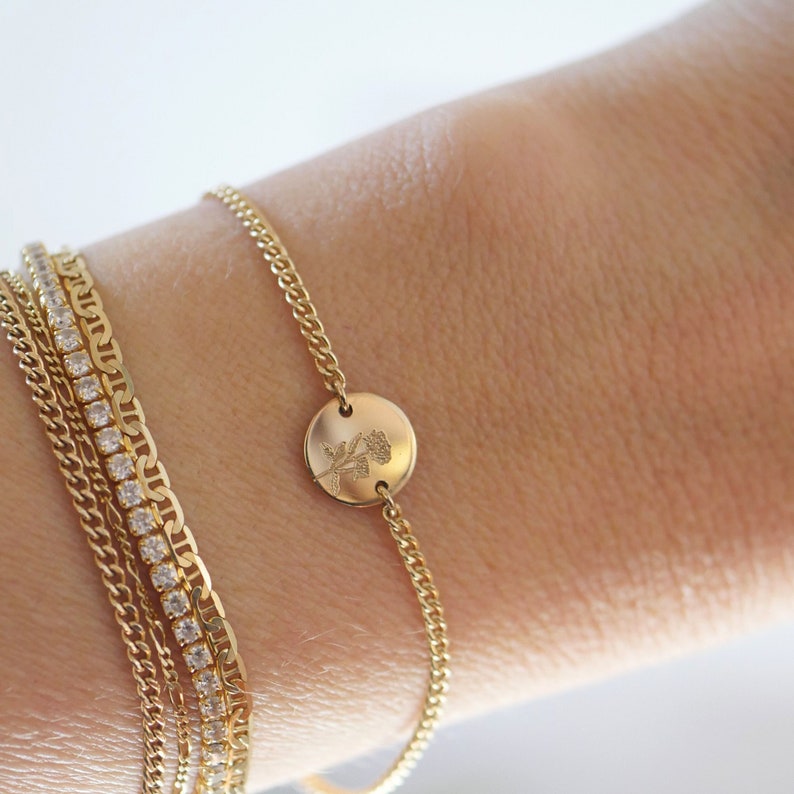 Personalized Birthflower Bracelet, 14kt Gold Filled, Adjustable, Birthflower Disc Bracelet image 5