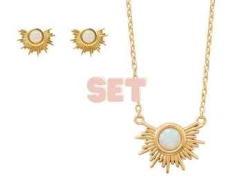 Opal Sunburst Necklace and Earring Set: Gold or Silver October Birthstone