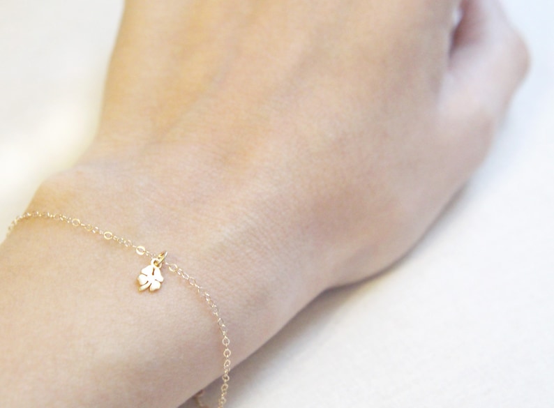 Four Leaf Clover Bracelet Tiny Lucky Charm Bracelet in Gold or Silver image 2