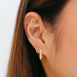 Gold Elongated Huggie Hoops with White Crystal Pave, Rectangle Oblong Hoop Earrings Gold