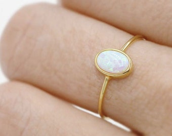 Opal Ring, Thin Gold Ring with Opal, Opal  Solitaire Ring, Delicate Gold Ring