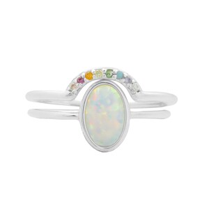 Opal and Rainbow Arch Ring Set, Gold or Silver Opal Solitaire Ring Set, Opal and Rainbow Crystal Ring Set silver