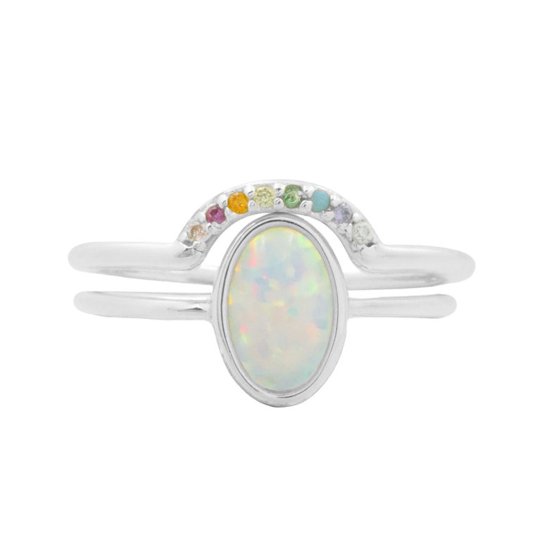 Opal and Rainbow Arch Ring Set, Gold or Silver Opal Solitaire Ring Set, Opal and Rainbow Crystal Ring Set silver