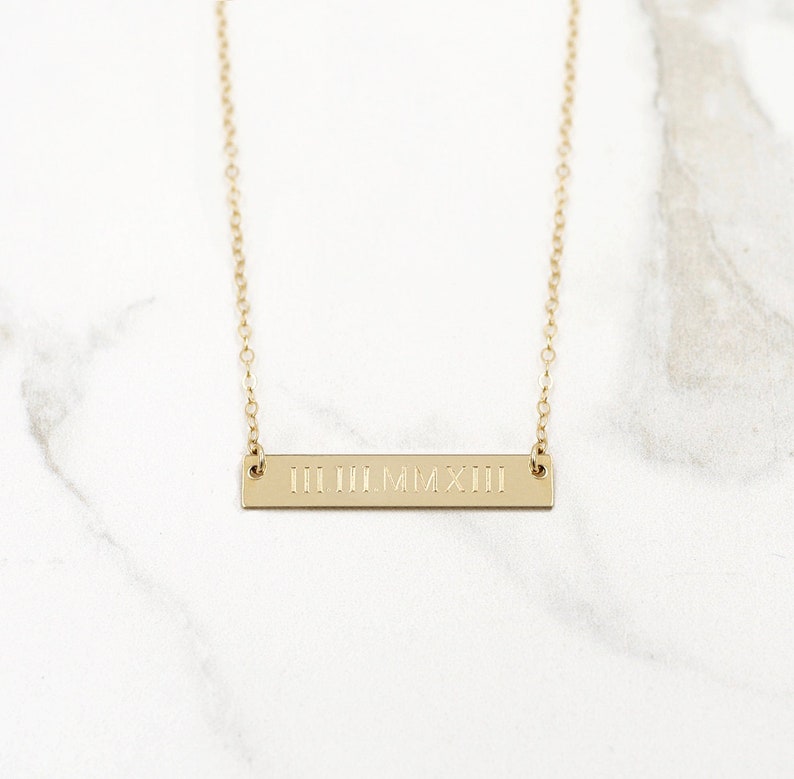 Roman Numeral Necklace Wedding Date Necklace Gold Bar Necklace Personalized Bar Necklace image 6