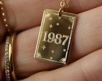 Personalized Rectangle Necklace, Engraved Date, Year or Initial Necklace, 14kt Gold Filled or Sterling Silver