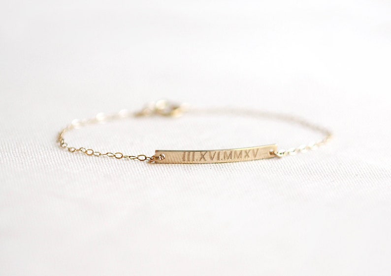 Roman Numeral Bracelet Wedding Date Bracelet Gold Bar Bracelet Personalized Bar Bracelet image 1