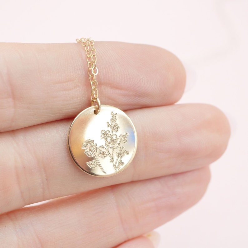 Birthflower Bouquet Necklace, Combined Birth Flower Family Necklace, Floral Bouquet Necklace, 14kt Gold Filled or Sterling Silver image 1