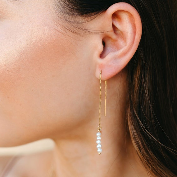 Pearl Threader Earrings Pearl Drop Earrings Freshwater Pearl