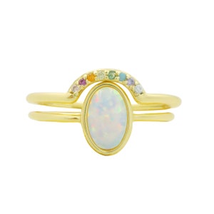 Opal and Rainbow Arch Ring Set, Gold or Silver Opal Solitaire Ring Set, Opal and Rainbow Crystal Ring Set gold