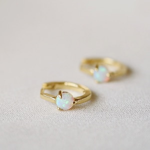 Opal Huggie Hoop Earrings, Mini Opal Hoop Earrings, Gold or Sterling Silver