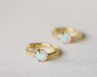 Opal Huggie Hoop Earrings, Mini Opal Hoop Earrings, Gold or Sterling Silver