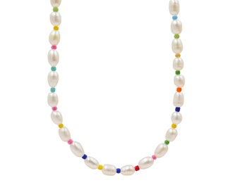 Rainbow Pearl Necklace, Colorful Pearl Beaded Necklace, Freshwater Pearl Necklace