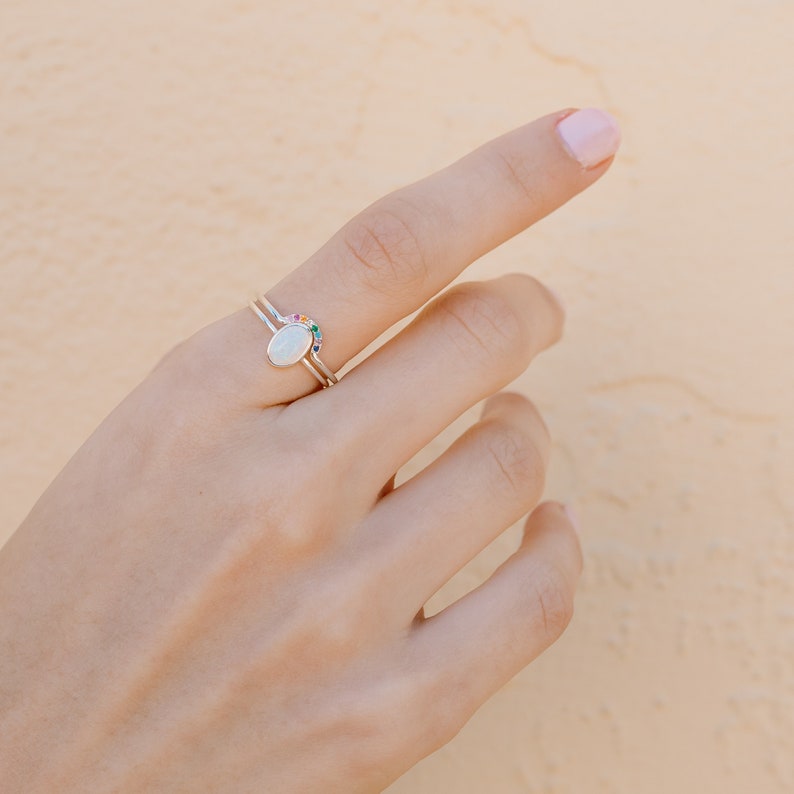 Opal and Rainbow Arch Ring Set, Gold or Silver Opal Solitaire Ring Set, Opal and Rainbow Crystal Ring Set image 8